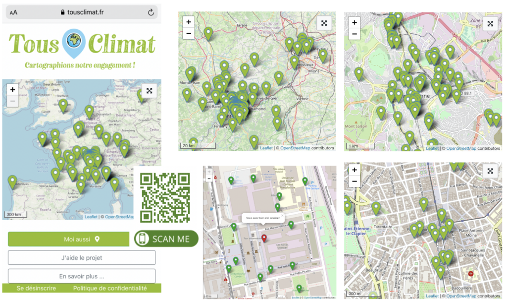 Aperçus de l'application Tous climat : vue de la carte de France avec localisation des gens (points verts) ; zooms sur Saint-Etienne.